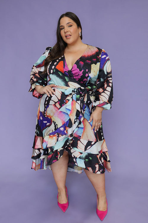 Paradiso Satin Wrap Dress Electric Butterfly Print