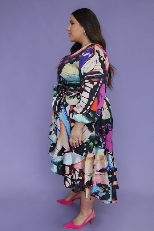 Paradiso Satin Wrap Dress Electric Butterfly Print