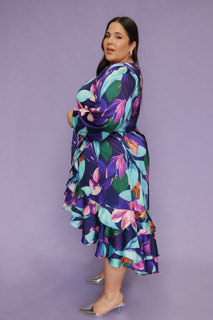 Paradiso Satin Wrap Dress Vivid Floral Print