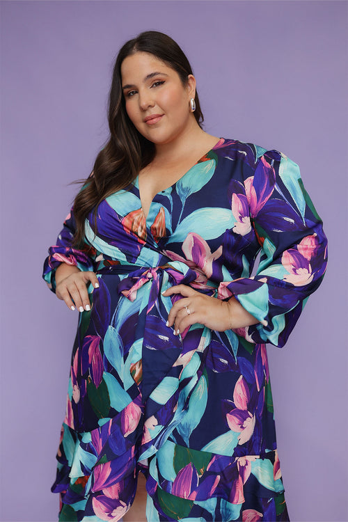 Paradiso Satin Wrap Dress Vivid Floral Print