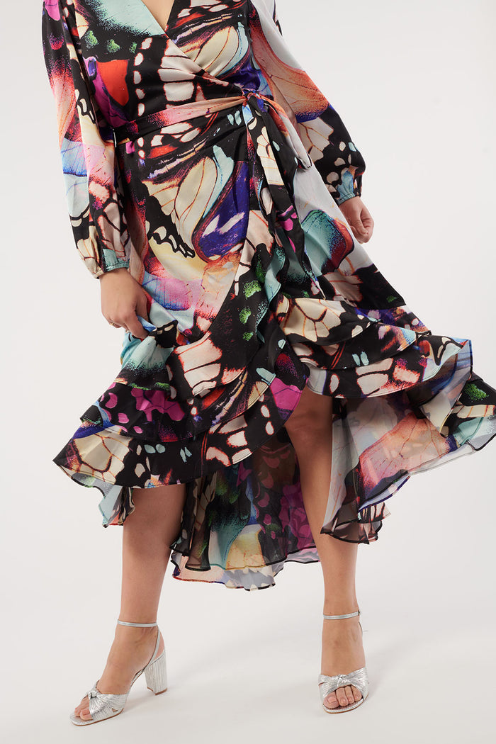 Paradiso Satin Wrap Dress Electric Butterfly Print