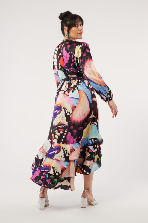 Paradiso Satin Wrap Dress Electric Butterfly Print