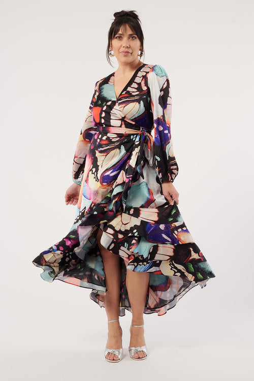 Paradiso Satin Wrap Dress Electric Butterfly Print