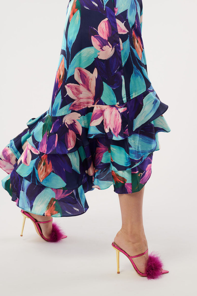 Paradiso Satin Wrap Dress Vivid Floral Print