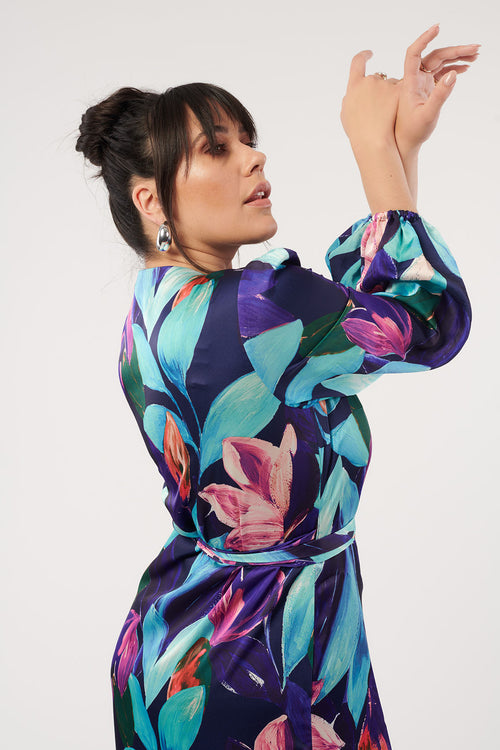 Paradiso Satin Wrap Dress Vivid Floral Print