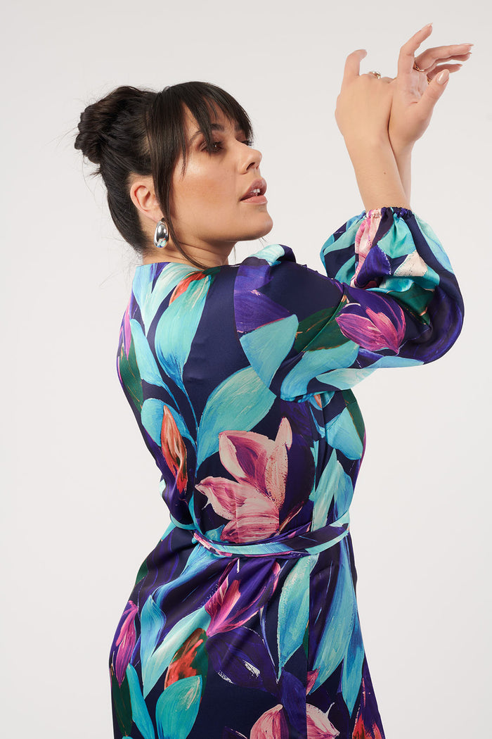 Paradiso Satin Wrap Dress Vivid Floral Print