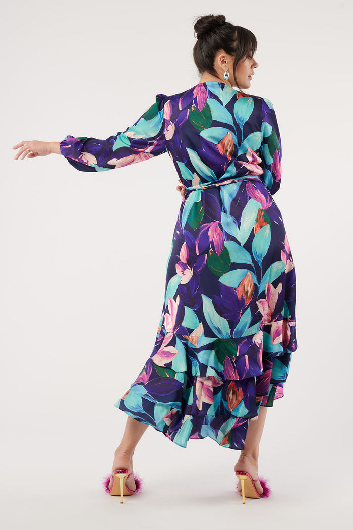 Paradiso Satin Wrap Dress Vivid Floral Print