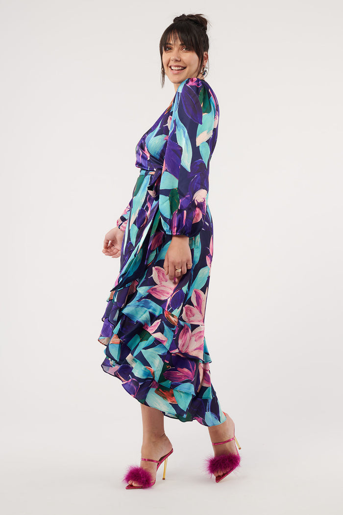 Paradiso Satin Wrap Dress Vivid Floral Print