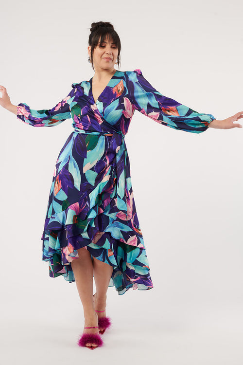 Paradiso Satin Wrap Dress Vivid Floral Print