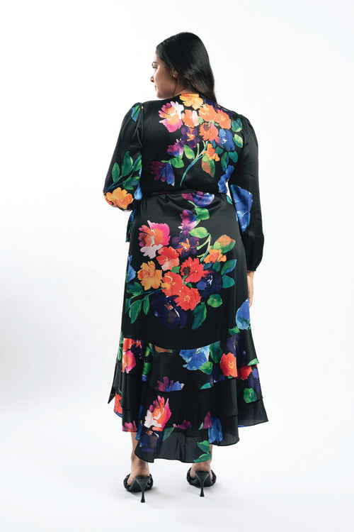 Paradiso Satin Wrap Dress Poppy Girl Print
