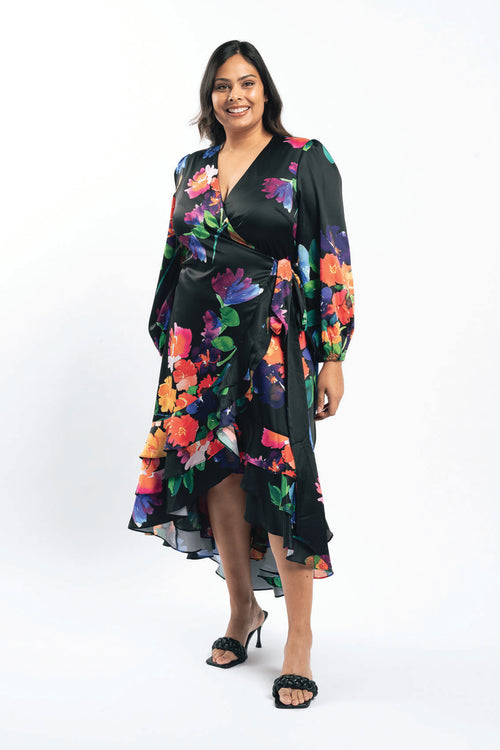 Paradiso Satin Wrap Dress Poppy Girl Print