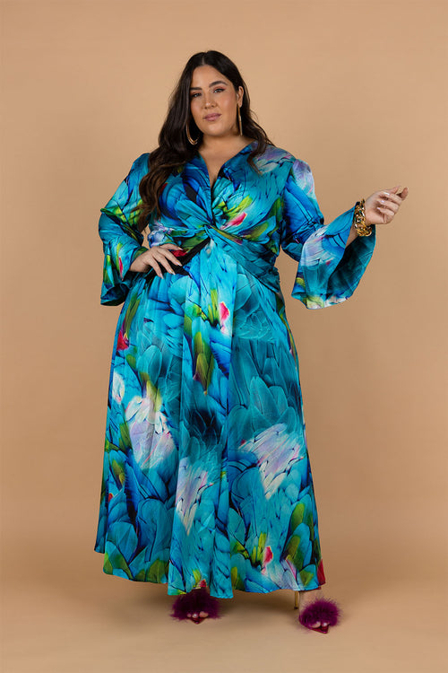 Opera Twist Front Maxi Dress - Feather Print