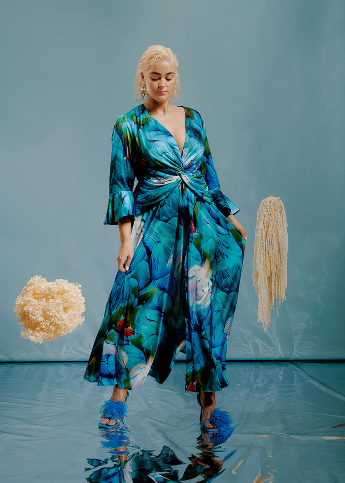 Opera Twist Front Maxi Dress - Feather Print