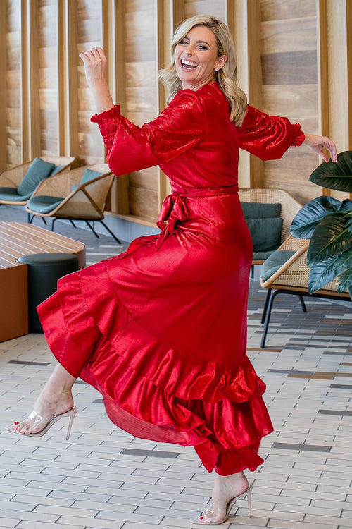 Lady in Red Metallic Wrap Dress