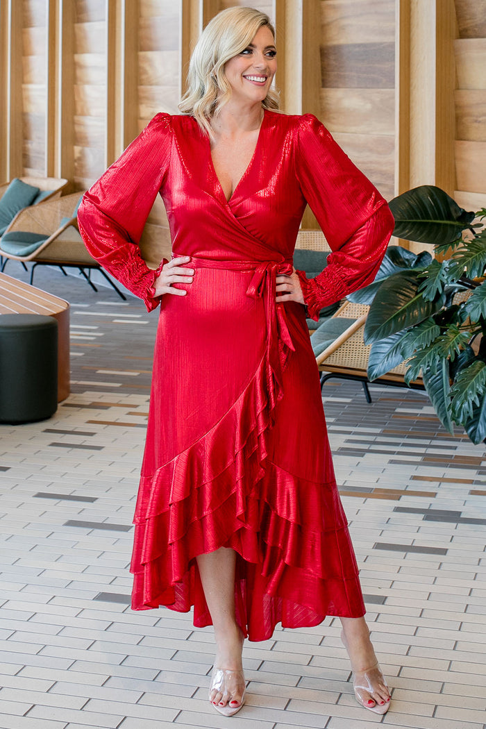 Lady in Red Metallic Wrap Dress