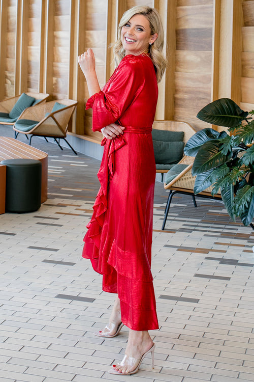 Lady in Red Metallic Wrap Dress