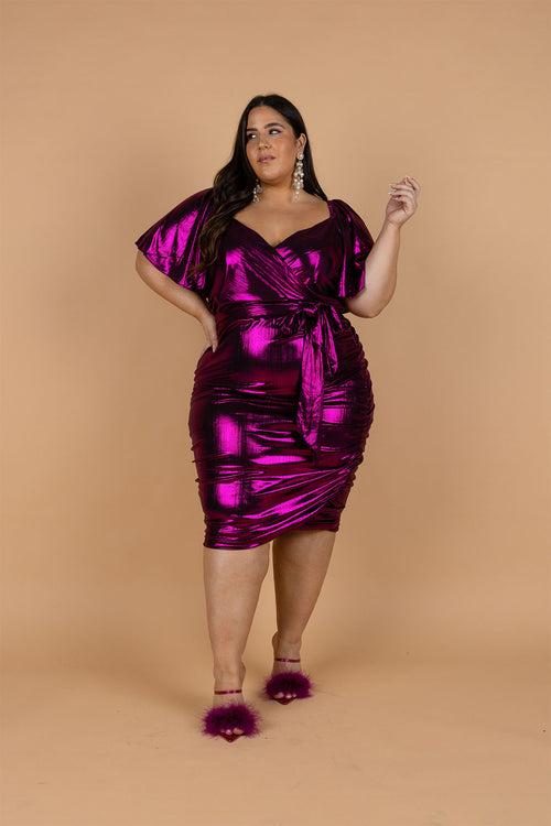 Viva Metallic Knit Ruched Midi Dress - Hot Pink