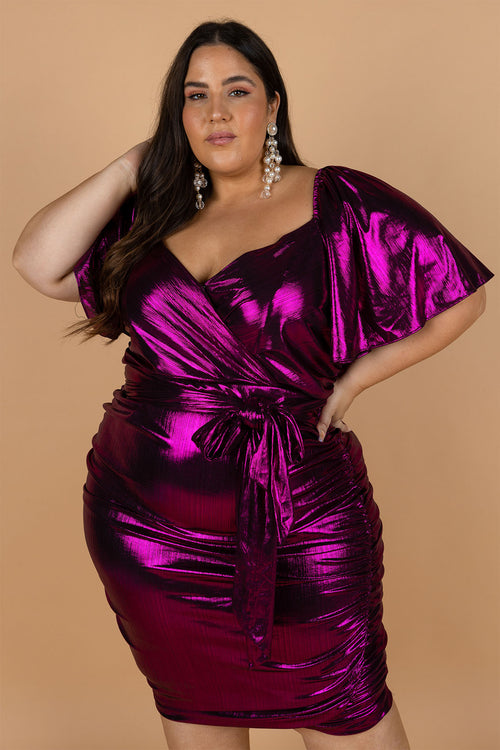 Viva Metallic Knit Ruched Midi Dress - Hot Pink