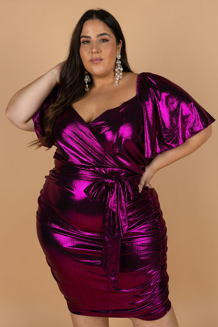 Viva Metallic Knit Ruched Midi Dress - Hot Pink