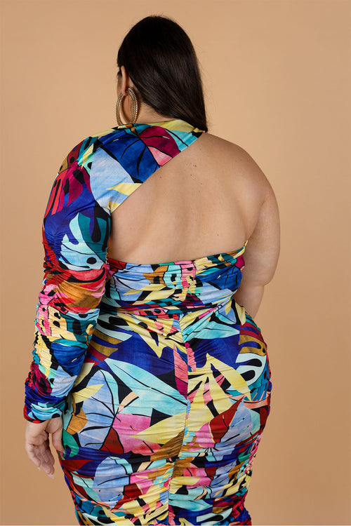Emilia One Sleeve Ruched Midi Dress - Rainbow Leaf