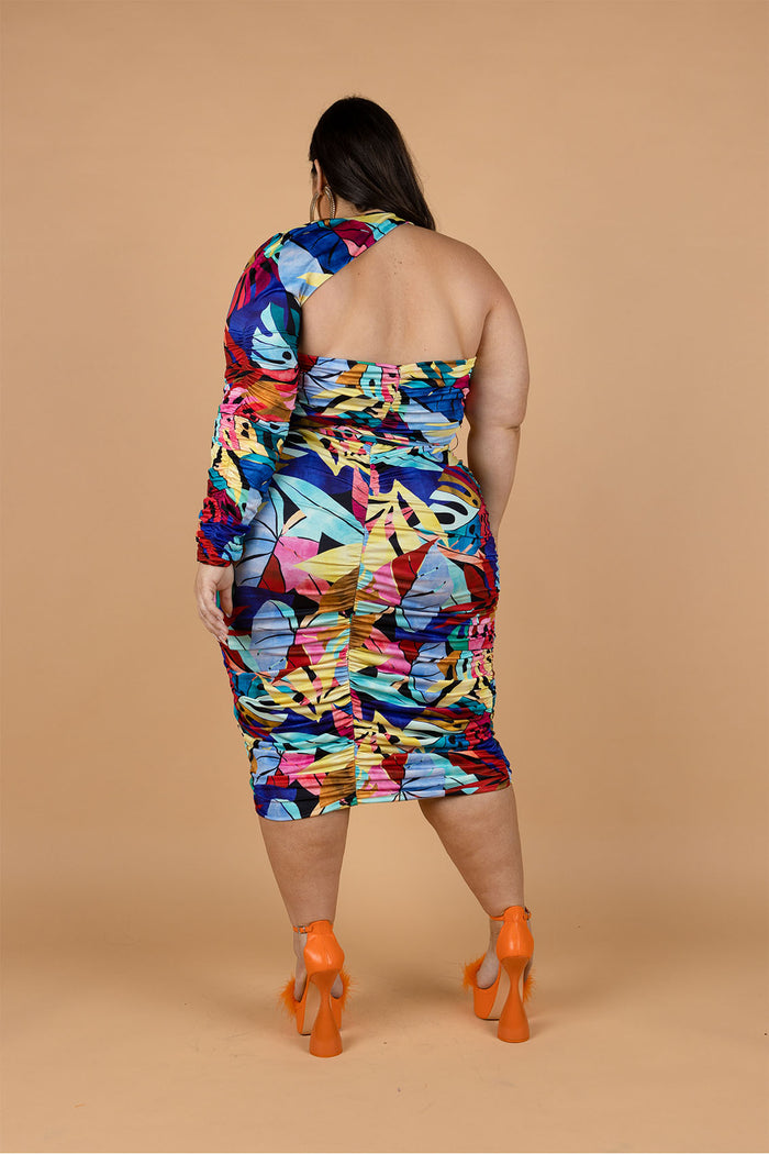 Emilia One Sleeve Ruched Midi Dress - Rainbow Leaf