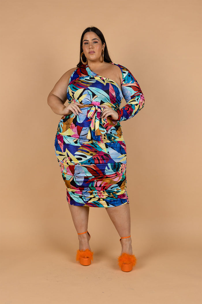 Emilia One Sleeve Ruched Midi Dress - Rainbow Leaf