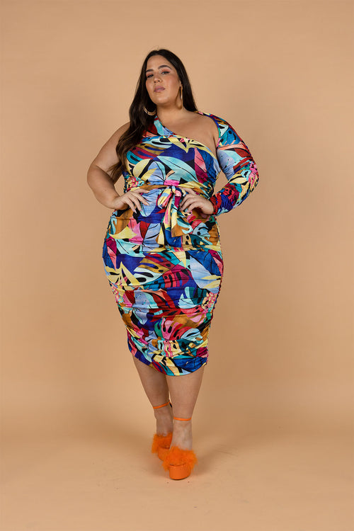 Emilia One Sleeve Ruched Midi Dress - Rainbow Leaf