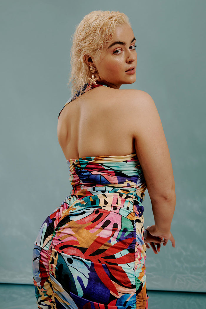 Emilia One Sleeve Ruched Midi Dress - Rainbow Leaf