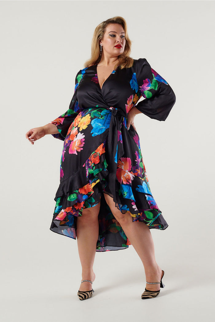 Paradiso Satin Wrap Dress Poppy Girl Print