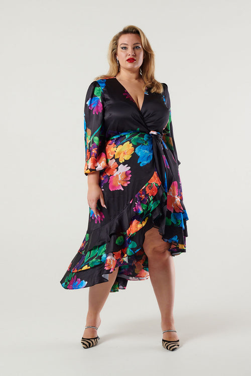 Paradiso Satin Wrap Dress Poppy Girl Print