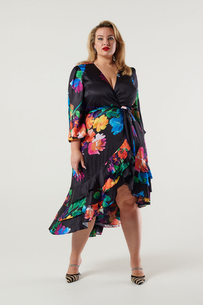 Paradiso Satin Wrap Dress Poppy Girl Print