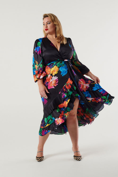 Paradiso Satin Wrap Dress Poppy Girl Print