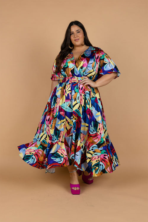 Fresco Batwing Maxi Dress - Rainbow Leaf Print