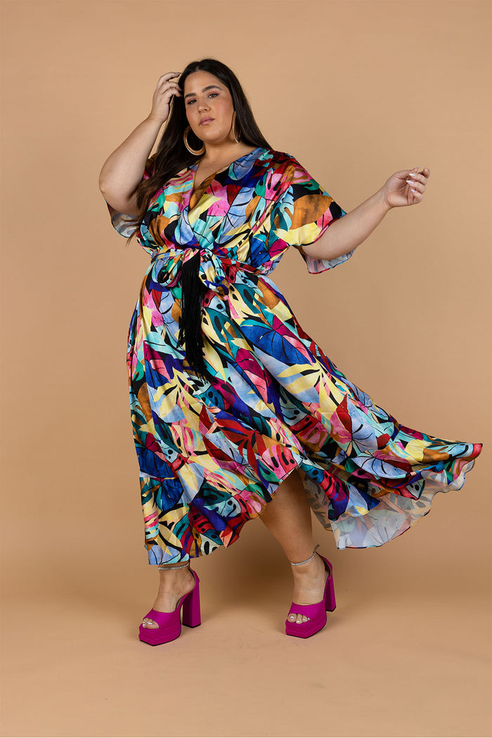 Fresco Batwing Maxi Dress - Rainbow Leaf Print