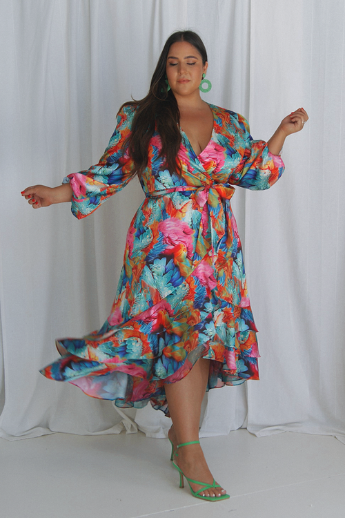 Paradiso Satin Wrap Dress Paradiso Feather Print