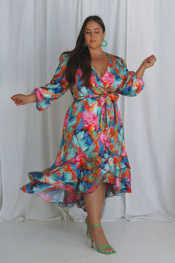 Paradiso Satin Wrap Dress Paradiso Feather Print