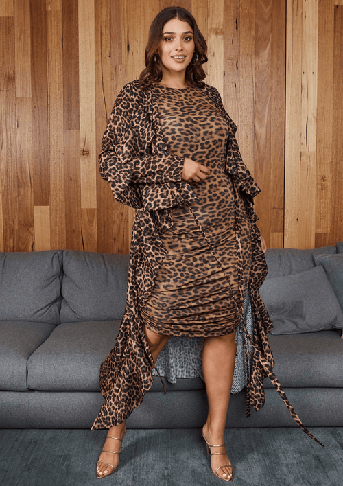 Rose Ruched Knit Dress Animal Print