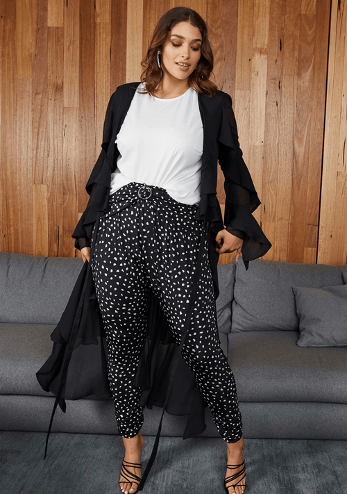 Fresia High Waist Buckle Pant Black and White Confetti Print