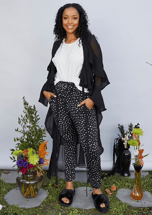 Fresia High Waist Buckle Pant Black and White Confetti Print