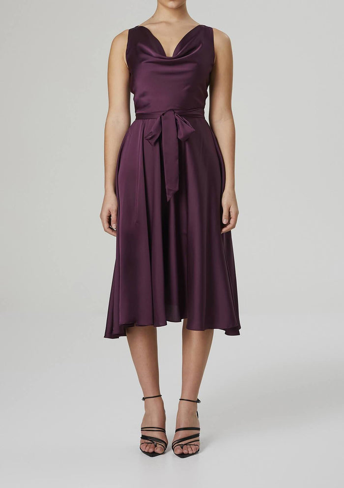 Mela Cowl Neck Satin Dress Plum