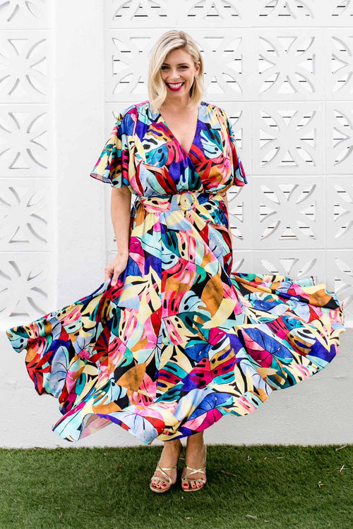 Fresco Batwing Maxi Dress - Rainbow Leaf Print