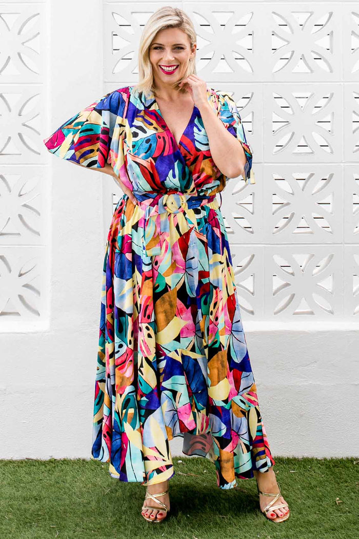 Fresco Batwing Maxi Dress - Rainbow Leaf Print