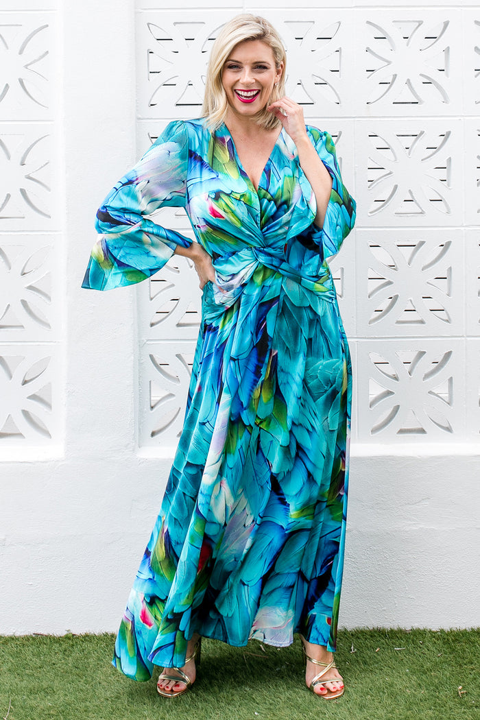 Opera Twist Front Maxi Dress - Feather Print