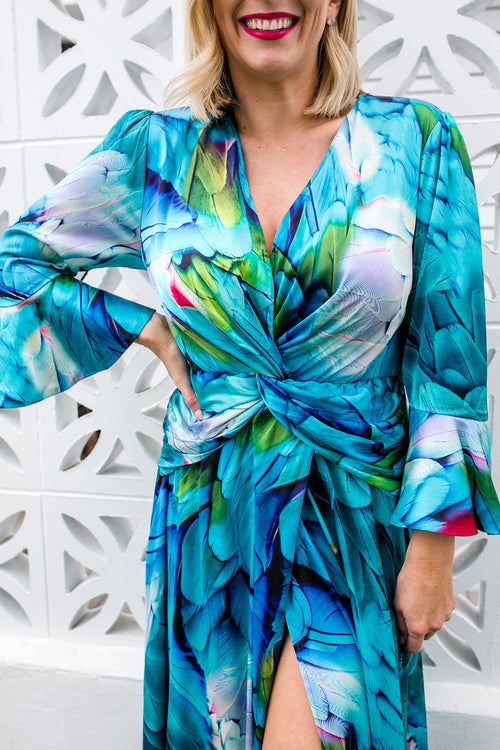 Opera Twist Front Maxi Dress - Feather Print