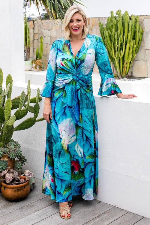 Opera Twist Front Maxi Dress - Feather Print
