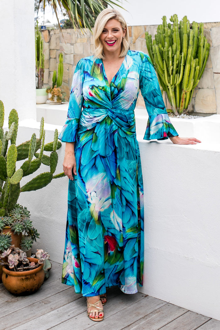 Opera Twist Front Maxi Dress - Feather Print