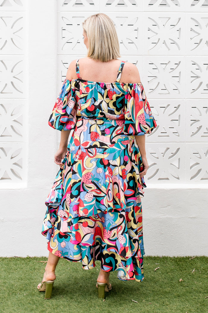Tropicale Off Shoulder Maxi Dress - Strawberry Party Print