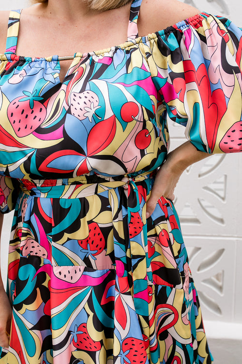 Tropicale Off Shoulder Maxi Dress - Strawberry Party Print
