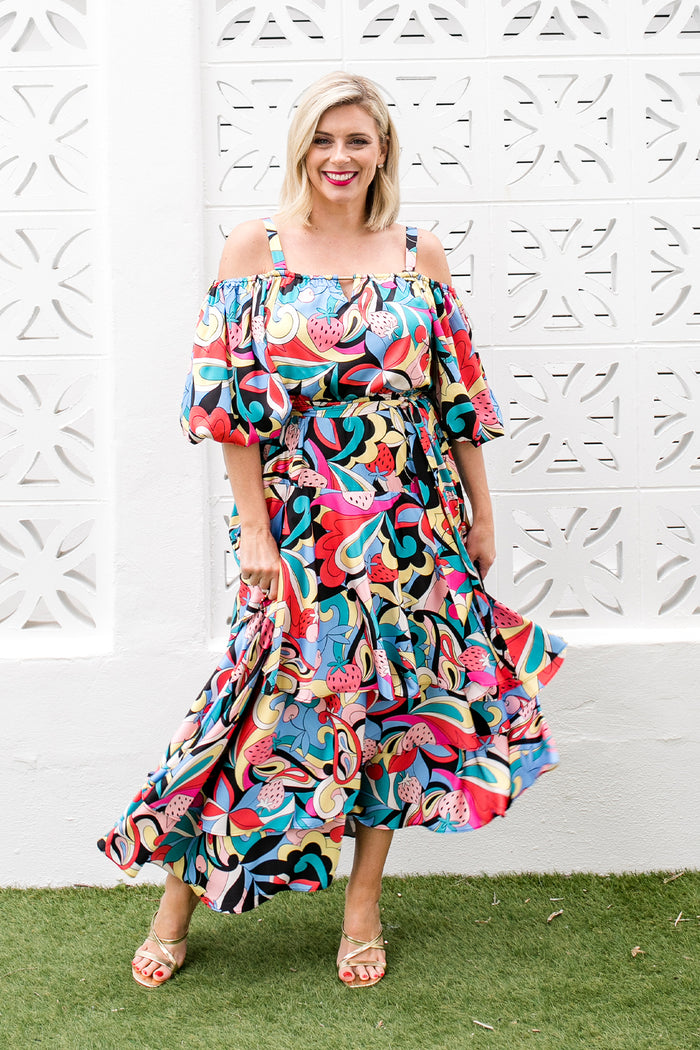 Tropicale Off Shoulder Maxi Dress - Strawberry Party Print
