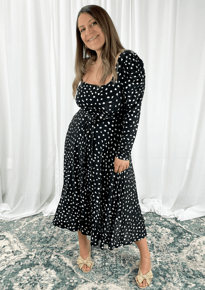 Snowdrop Square Neck Knit Midi Dress Black and White Confetti Print